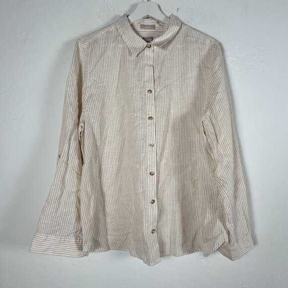 Chico's Womens Tan White Striped No Iron Linen Button-Up Shirt Size 3 US 16/18 - Picture 1 of 7